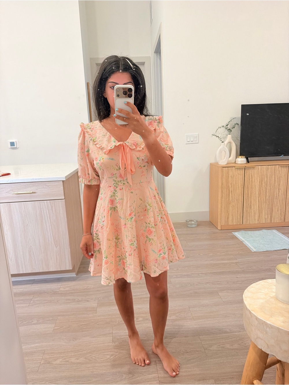 Peach Floral Ruffle Collar Fit-and-Flare Dress
